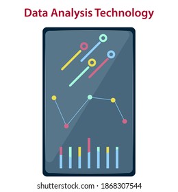 Data analysis - graphic symbols on smartphone screen - vector. Business technology.