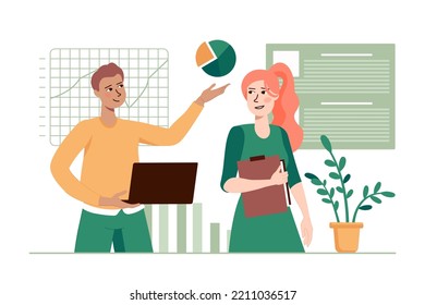 Análisis de datos concepto verde con la escena de la gente en el diseño de caricaturas planas. Dos empleados analizan diferentes datos de todos los trabajadores del negocio. Ilustración vectorial.