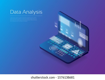 Data analysis, hologram icon with Isometric notebook