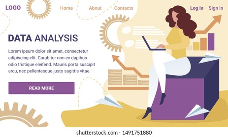 Data Analysis Horizontal Banner. Business Woman Working on Laptop at Background with Gears and Cogwheels. Businesswoman Working Process Analysing Project Statistics. Cartoon Flat Vector Illustration