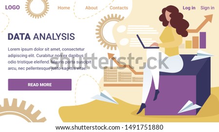 Data Analysis Horizontal Banner. Business Woman Working on Laptop at Background with Gears and Cogwheels. Businesswoman Working Process Analysing Project Statistics. Cartoon Flat Vector Illustration