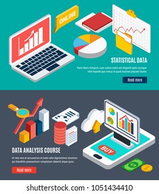 Data analysis horizontal banners with online statistical data and dynamics of currency course graphs and diagrams isometric icons vector illustration 