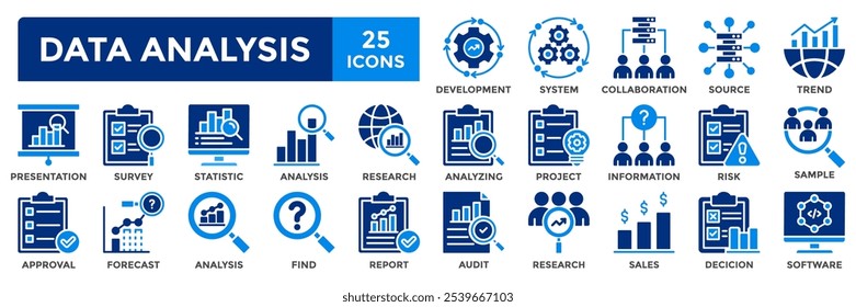 Conjunto de coleta de ícone de análise de dados. Contendo análise, informações, tendência, previsão, decisão, risco, pesquisa, ícone de relatório. Ilustração simples de vetor plano.