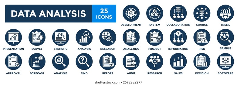 Data analysis icon collection set. Containing analysis,information, trend, forecast, decision,risk,research,report icon.
