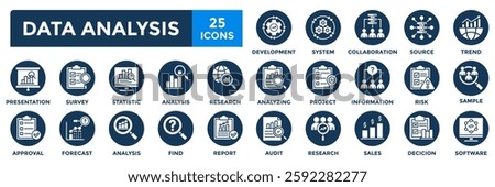 Data analysis icon collection set. Containing analysis,information, trend, forecast, decision,risk,research,report icon.