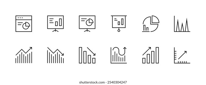 Data analysis icon collection. Statistics icon set. presentation, graph, diagram, infographic, data analytics, business report, insight and more. Editable stroke. Pixel Perfect. Grid base 32px.