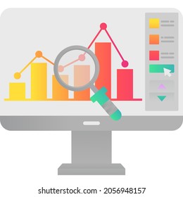 Data analysis icon. Financial chart on pc computer vector. Business market and finance report, strategy management, investment and economy graphic, marketing statistic research an seo