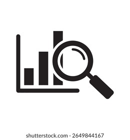 Data analysis icon with a magnifying glass over a bar chart for business research market statistics and financial report investigation vector solid glyph icon