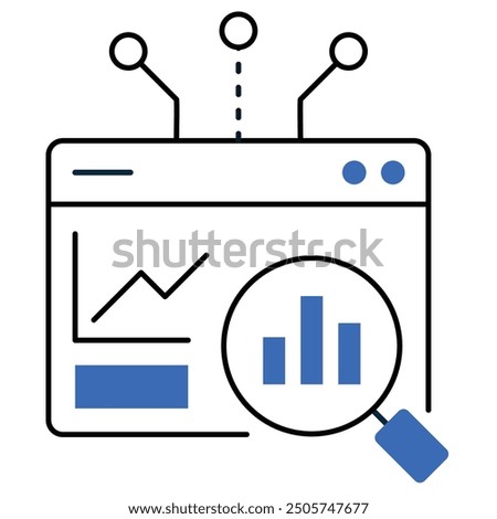 Data analysis icon with a magnifying glass and chart, representing data-driven insights, analytics, and business intelligence in technology.