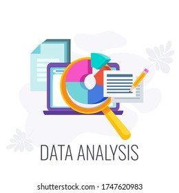 Data Analysis Icon. Market Research. Magnifier And Report On Laptop Screen. Define Objective And Problem. Call To Action. Data Collection And Data Processing. Flat Vector Illustration