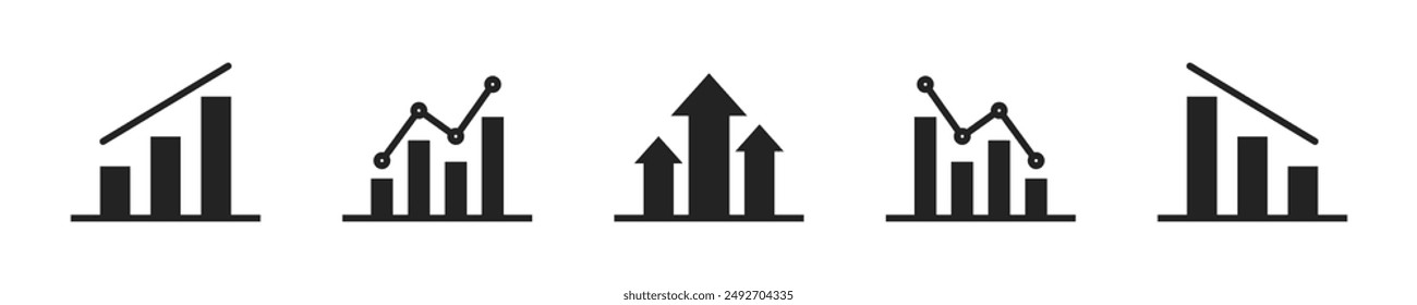Data analysis icon set. Set of 5 outline icons related to graphs, statistics, analytics, analysis, big data, growth, chart, research. Linear icon collection. Data analysis outline icons collection.