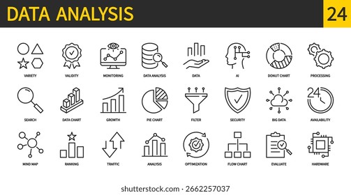 Data analysis icon set. Analytics, variety, validity, donut chart, processing, search, filter, mind map, ranking, traffic, optimization, evaluate, hardware, etc. Vector illustration. Editable stroke.
