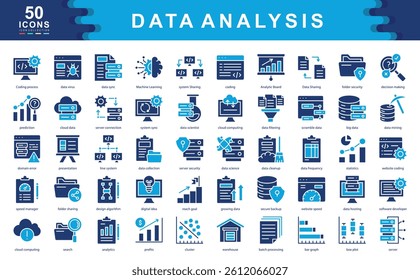 The Data Analysis icon set captures core elements like machine learning, data mining, and statistics. Ideal for visualizing research, reporting, and digital transformation workflows.