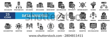 Data analysis icon set. Containing structured, search, cleaning, report, protection, quality, network, filtering and more. Glyph vector icons collection.