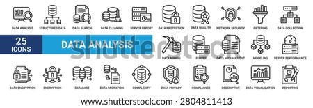 Data analysis icon set. Containing structured, search, cleaning, report, protection, quality, network, filtering and more. Outline vector icons collection.