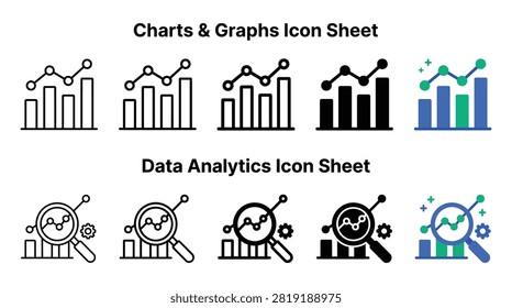 Data analysis icon set displaying various vector style charts graphs magnifying glasses and gears for professional business presentations and financial reports in a flat design format