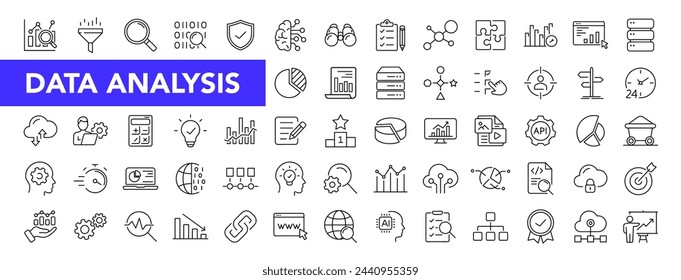 Conjunto de iconos de análisis de datos con trazo editable. Recopilación de iconos de línea fina de análisis de datos. Ilustración de vector