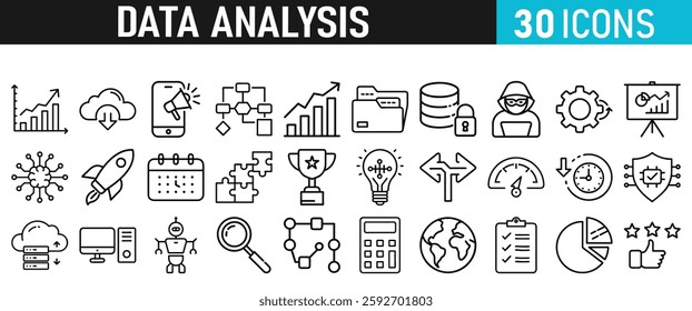 Data Analysis Icon Set. Icons for web and mobile app. Settings, Data Science, Big Data, Artificial Intelligence, Statistics, graph, research. Vector collection