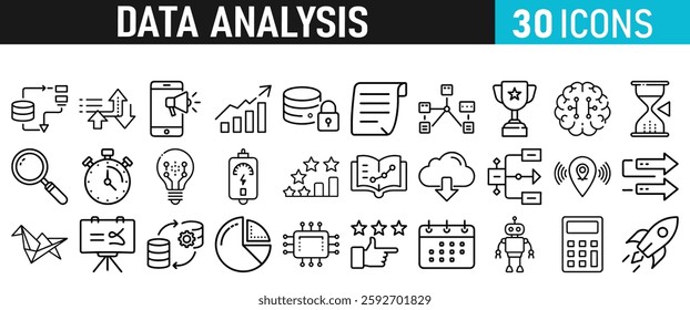 Data Analysis Icon Set. Icons for web and mobile app. Settings, Data Science, Big Data, Artificial Intelligence, Statistics, graph, research. Vector collection