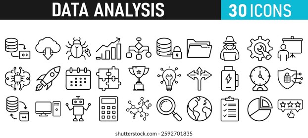 Data Analysis Icon Set. Icons for web and mobile app. Settings, Data Science, Big Data, Artificial Intelligence, Statistics, graph, research. Vector collection