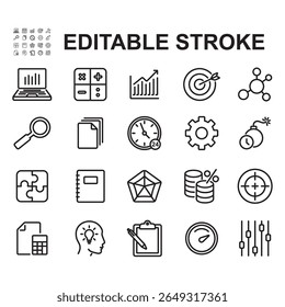 Data analysis icon set. Thin line style vector. Contains icons including graphs, monitoring and more.