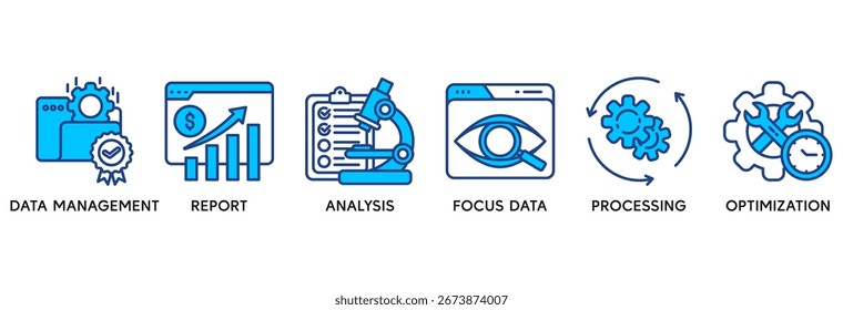 Data analysis icon set vector illustration concept relate to data management, report, analysis, focus data, processing, optimization