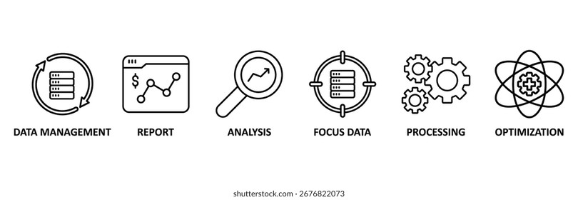 Data analysis icon set vector illustration for data management, report, analysis, focus data, processing, optimization