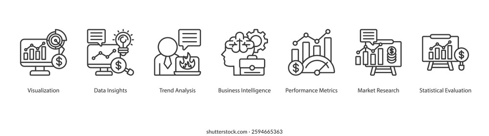 Data Analysis icon sheet vector line style visualization, data insights, trend analysis, business intelligence, performance metrics, market research, statistical evaluation