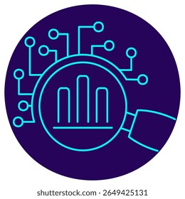 Data analysis icon. Vector pictogram with thin lines on a round dark blue background. Displays a magnifying glass with bar chart and circuit pattern, symbolizing AI-driven analytics
