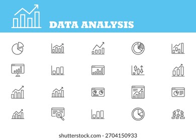 Data analysis icons for business reports, financial planning infographics, websites, mobile app designs and presentations. Simple and clean line art style.
