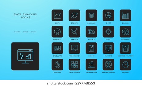 Data analysis icons collection with black filled line style. analytics, chart, graph, growth, research, information, report. Vector illustration