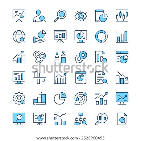 Data analysis icons. Outline symbols. Vector blue line icons set