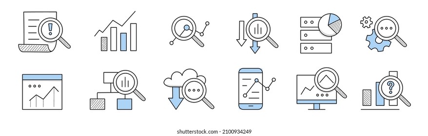 Data Analysis Icons, Research Of Business, Finance Or Science Information. Vector Doodle Set With Charts, Diagrams On Computer Screen, Magnifying Glass, Gear And Document