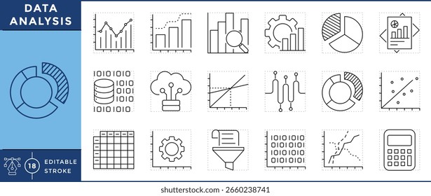 Data Analysis icons set. Bar chart, pie chart, line graph, scatter plot, analysis, documents, dashboard, calculator, frequency, segmentation, verified, and many more. Vector editable stroke.