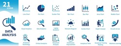 Data analysis icons. Set of flat icons on the theme of market analysis, graphs, charts, growth, development, productivity, business, magnifying glass, artificial intelligence.Solid vector icon