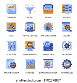 Data analysis icons set in flat style. Traffic and signal analysis, big data and database, data structure and representation, filter and optimization signs. Data management pictograms for UX UI design