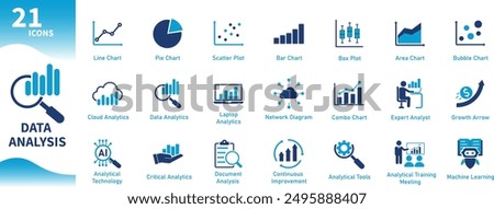 Data analysis icons. Set of flat icons on the theme of market analysis, graphs, charts, growth, development, productivity, business, magnifying glass, artificial intelligence.Solid vector icon