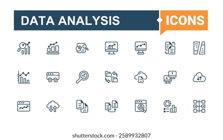 Data Analysis icons set in linear style. Included icons as chart, schema, cloud, info, performance, monitoring, presentation, computing. Editable stroke. Vector line and solid icons.