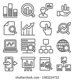 Data Analysis Icons Set on White Background. Line Style Vector