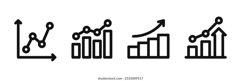 Conjunto de ícones de análise de dados. Gráfico de lucro, ciência de dados, análise preditiva, análise de negócios, relatório de resultados. Ilustração vetorial.