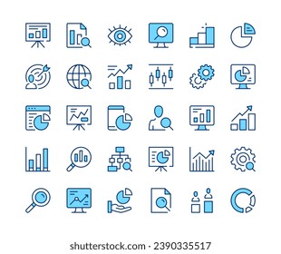 Data analysis icons set. Vector line icons. Blue color outline stroke symbols. Modern concepts