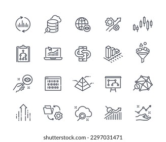 Data analysis icons. World economy set. Simple charts, traffic and graphs in line art style. Internet, speed and information concept. Black linear flat vector collection isolated on white background