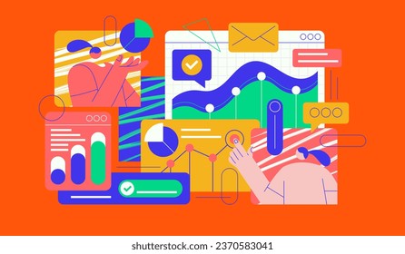 Data Analysis Illustration with Charts. Colorful Data Visualization Illustration with Pie Charts, Bar Charts, and Line Charts. Flat Vector Illustration