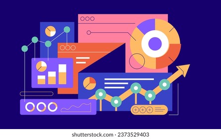 Data Analysis Illustration with Charts. Colorful Data Visualization Illustration with Pie Charts, Bar Charts, and Line Charts. Flat Vector Illustration