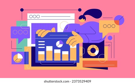 Ilustración de análisis de datos con gráficos. Ilustración colorida de visualización de datos con gráficos de tubería, gráficos de barras y gráficos de línea. Ilustración de vectores planos