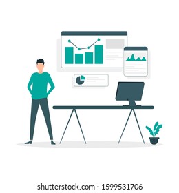 data analysis illustration vector design concept. office workers are studying the infographic. web, banner, landing page, website, social media post