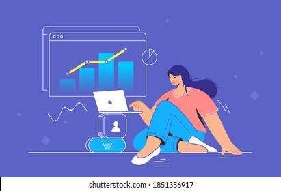 Análisis de datos para aumentar las ventas y los ingresos. Ilustración vectorial de línea plana de una mujer linda sentada con una laptop y trabajando con un gráfico. Concepto de análisis de datos de medios sociales aislado de fondo blanco