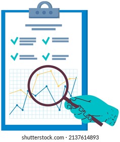 Data analysis, information exploration concept. Person examines scheme under magnifier. Hand with loupe magnifying statistical chart, digital structure. Statistics, financial indicators analytics