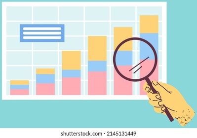 Data analysis, information exploration concept. Person examines scheme under magnifier. Hand with loupe magnifying statistical chart, digital structure. Statistics, financial indicators analytics
