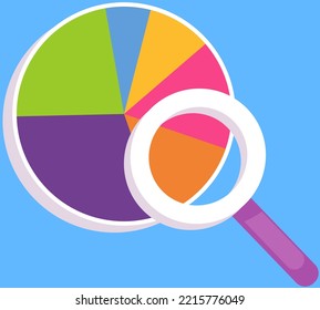 Análisis de datos, exploración de información. Diagrama bajo lupa. Mirando a la gráfica estadística, datos web, gráfico con la ilustración vectorial de magnifyer. Estadísticas, análisis de indicadores financieros